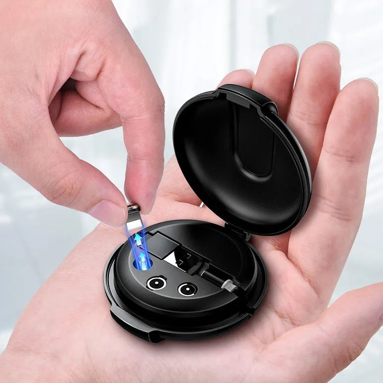 Black 3-in-1 magnetic retractable car phone charger with three charging plugs and magnetic patch
