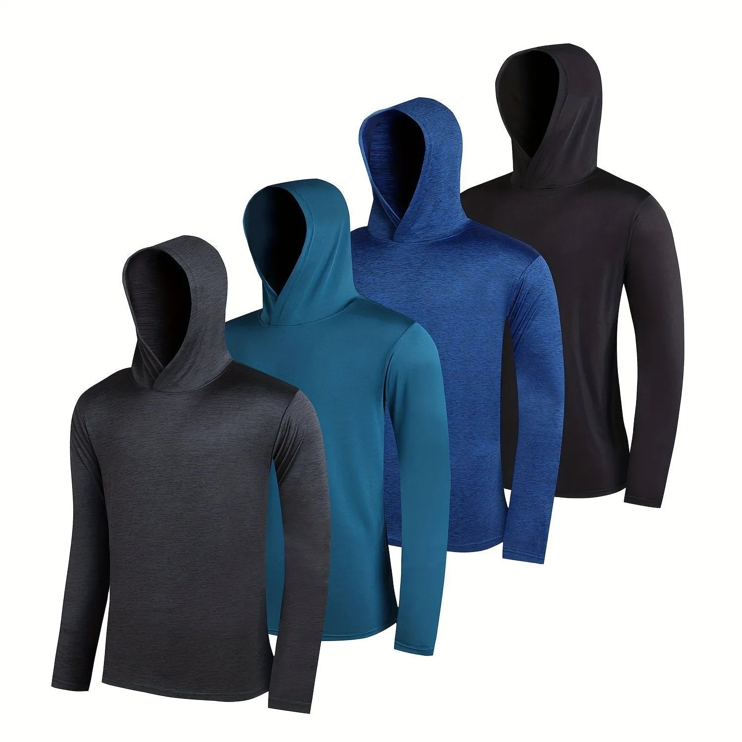 Set of four grey men's lightweight polyester hoodies folded, showing hooded and non-hooded styles.