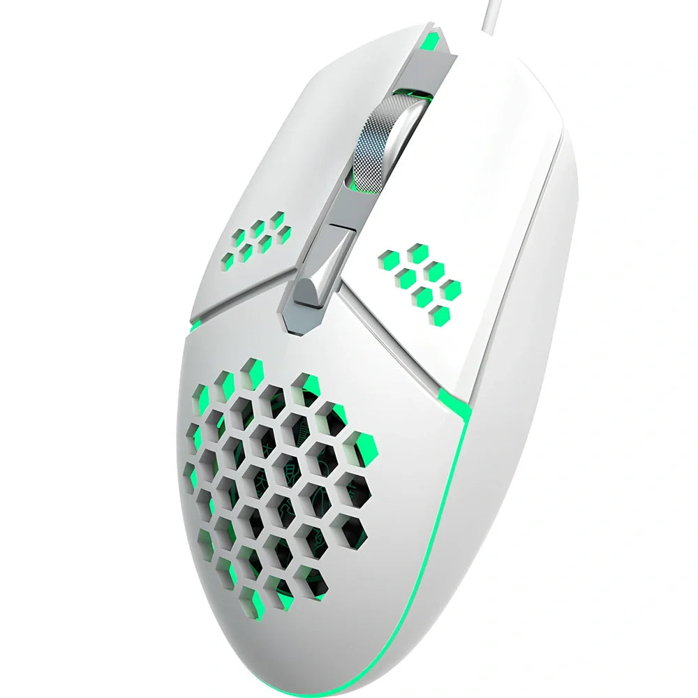 Wired gaming mouse with honeycomb shell and cooling fan, showing ergonomic ≥120mm design with 6 programmable buttons