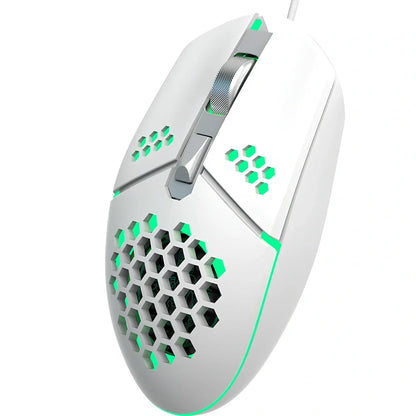 Wired gaming mouse with honeycomb shell and cooling fan, showing ergonomic ≥120mm design with 6 programmable buttons