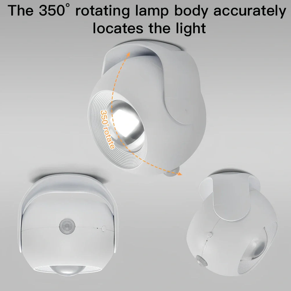 Adjustable angle human sensing wall light with rotating head and adhesive mounting for corridors