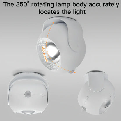 Adjustable angle human sensing wall light with rotating head and adhesive mounting for corridors