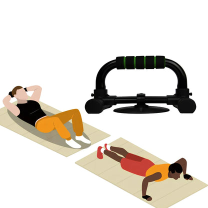 Green suction cup push-up bracket with electroplated steel frame and foam handles for chest exercises