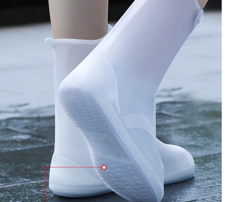 White high top PVC waterproof shoe cover for women with anti-skid sole.