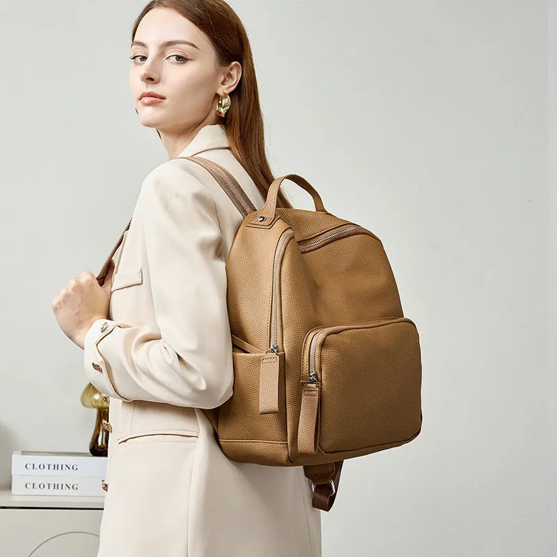 Women's backpack lightweight leather urban simplicity style large capacity portable computer bag leisure travel first layer cowhide medium soft hardness waterproof square vertical model genuine leather British spelling