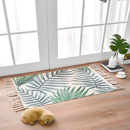Hand-woven Scandinavian style linen cotton rug with woven tassels in plant-dyed colours measuring 60x90cm