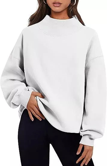 Women's solid color pullover sweatshirt with round neck and loose fit