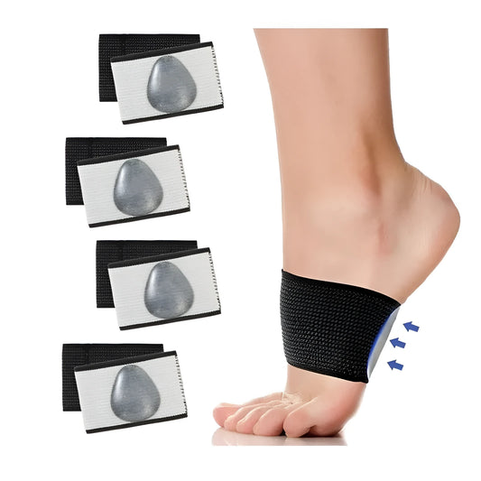 A pair of PU elastic arch support foot pads, shown in both heart style and ordinary plain style.