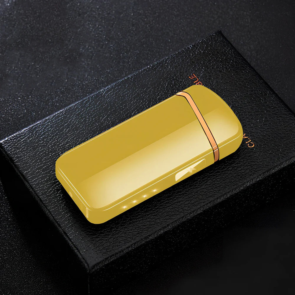 Zinc alloy charging lighter in black brushed finish, 80x35x13 mm with windproof arc and USB port