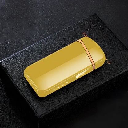 Zinc alloy charging lighter in black brushed finish, 80x35x13 mm with windproof arc and USB port