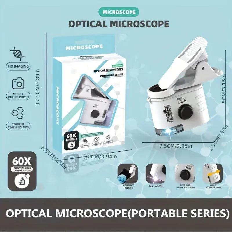 White mini mobile phone microscope with LED light and detachable clip-on adapter next to a smartphone.