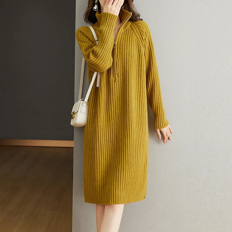 Women's beige casual long sleeve dress with half zip front and stand collar, loose straight fit.
