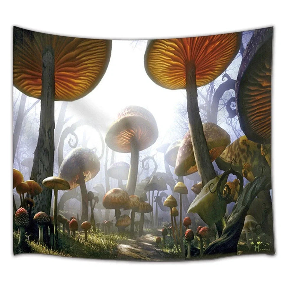Yellow printed polyester tapestry wall hanging showing detailed pattern, available in multiple sizes from 150x100cm