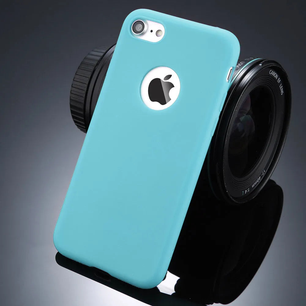 Soft silicon TPU iPhone case in candy colours like pink and navy blue, showing slim 0.5cm thickness and full coverage for back and sides.