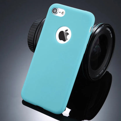 Soft silicon TPU iPhone case in candy colours like pink and navy blue, showing slim 0.5cm thickness and full coverage for back and sides.