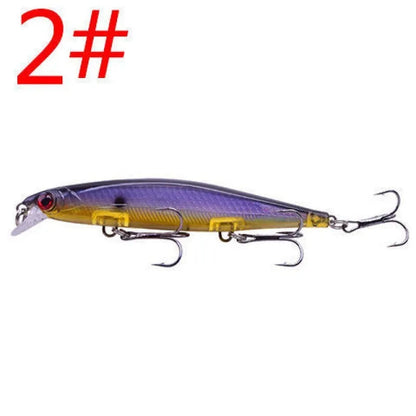 11cm submerged minnow fishing lure with slow-sink tossing action, shown in one of eight available colours.