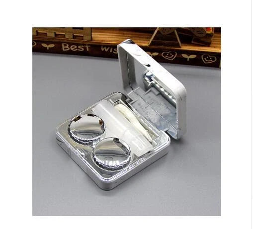Square contact lenses case with marble surface and mirror, includes lens care accessories