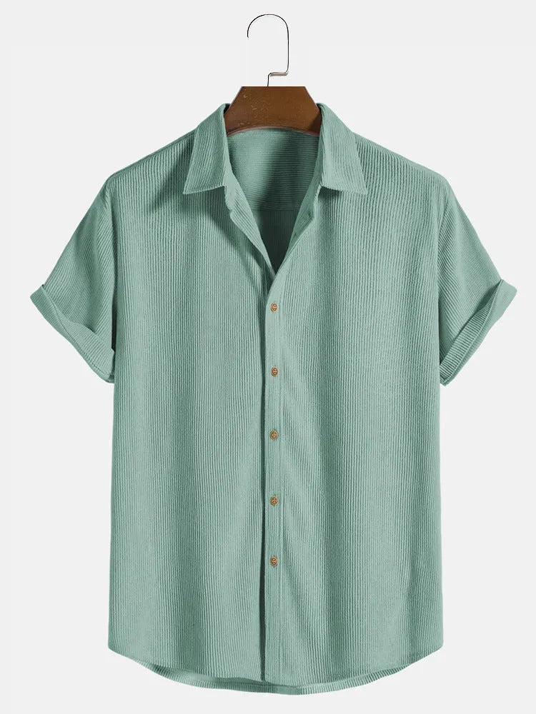 Men's casual short-sleeved cardigan shirt in polyester, shown in available colours.
