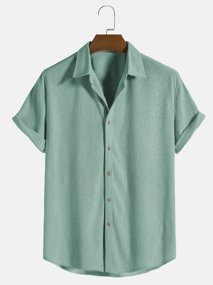 Men's casual short-sleeved cardigan shirt in polyester, shown in available colours.