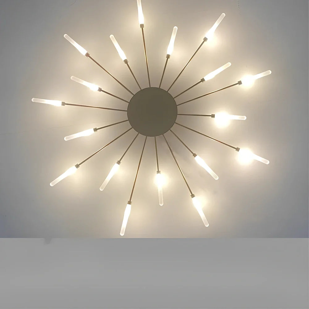 Ceiling room light with decorative iron framework and multiple bulb heads in gold or sand black finish