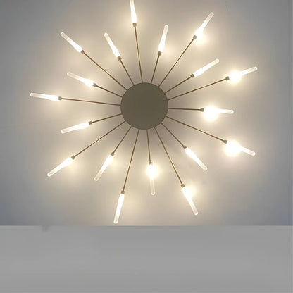 Ceiling room light with decorative iron framework and multiple bulb heads in gold or sand black finish