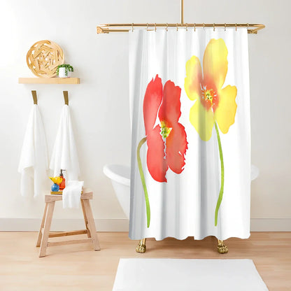 Green plant print shower curtain with waterproof polyester material in bathroom setting