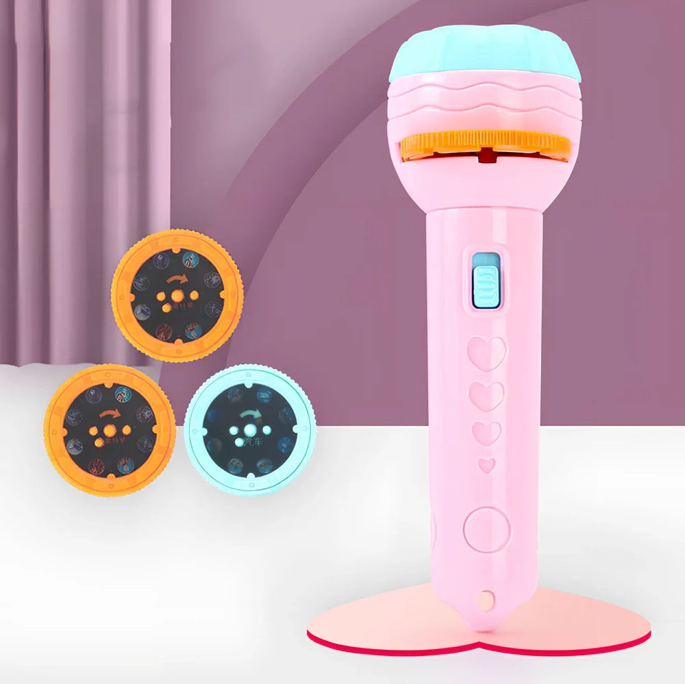 Red plastic cartoon projection flashlight showing rotating lens for 80 pattern changes