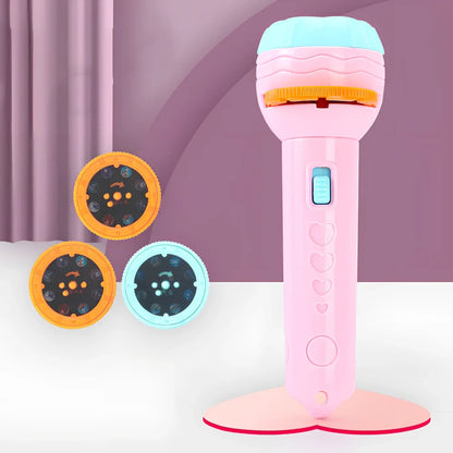 Red plastic cartoon projection flashlight showing rotating lens for 80 pattern changes