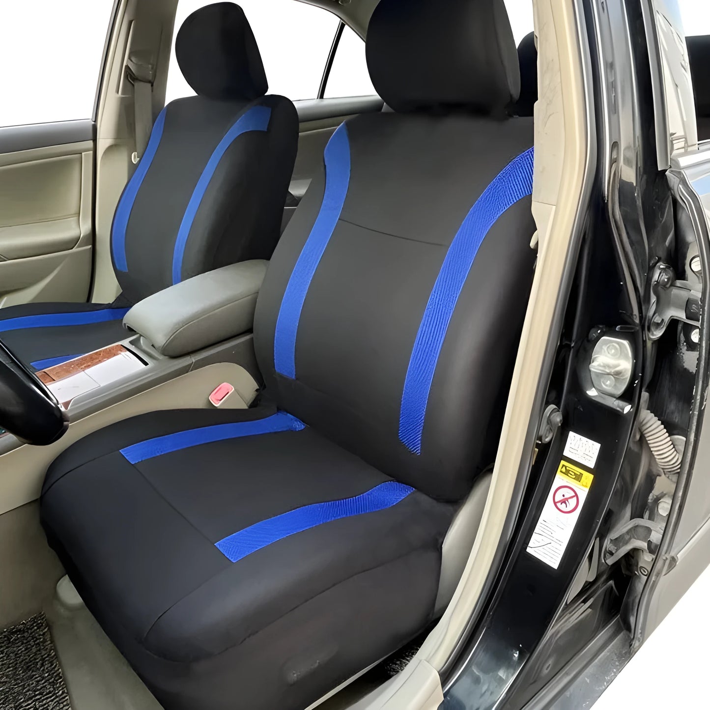 Polyester car seat cover set with eyelet stitching and sponge inserts in black, laid out on a car seat.