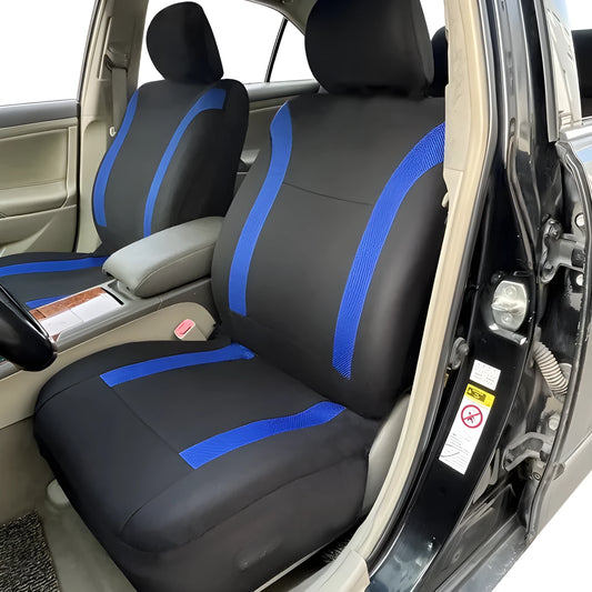 Polyester car seat cover set with eyelet stitching and sponge inserts in black, laid out on a car seat.