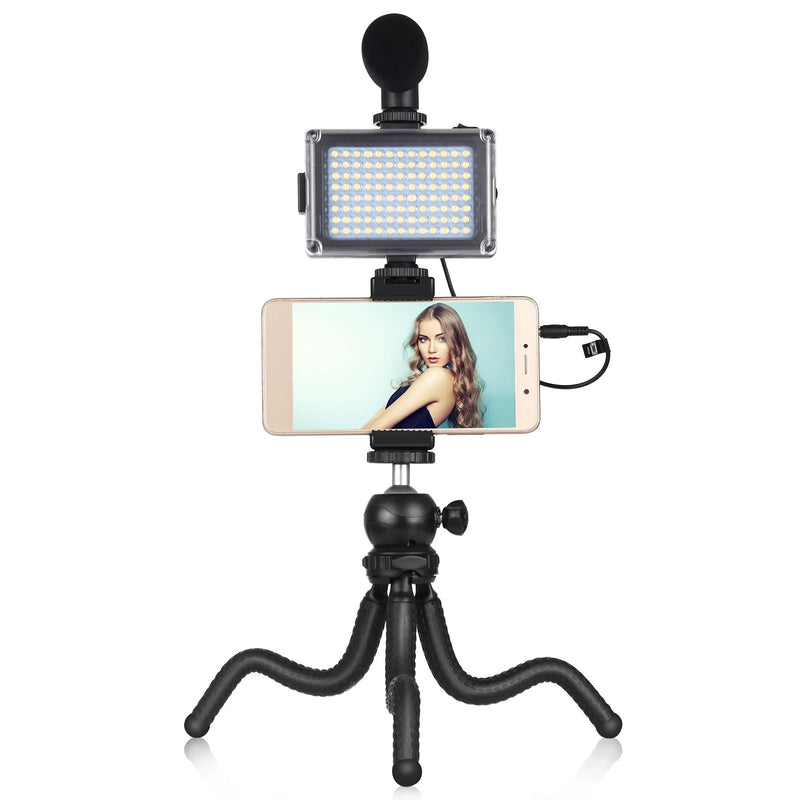 Phone tripod with fill light and microphone for Apple iPhone live streaming, compact ABS and rubber-coated desk stand with 360-degree rotating ballhead and flexible legs for multiple angles, black colour