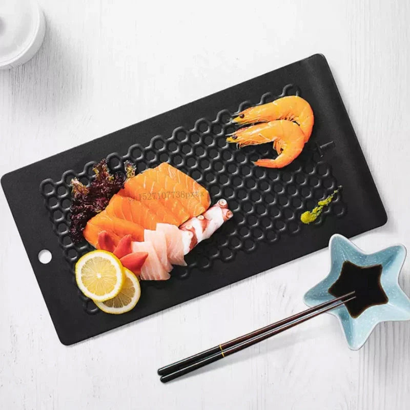 Black aluminum steak thaw board for efficient defrosting, measuring 380x200x16mm