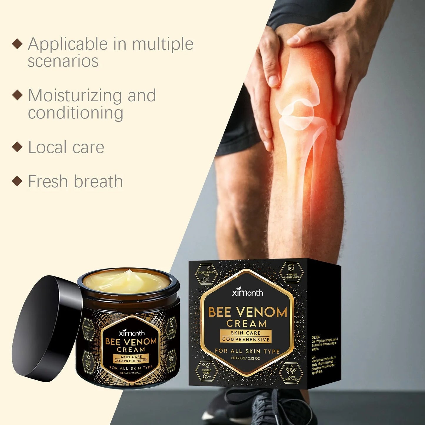 60g jar of moisturising skincare cream with mint, bee venom, and tea tree oil.