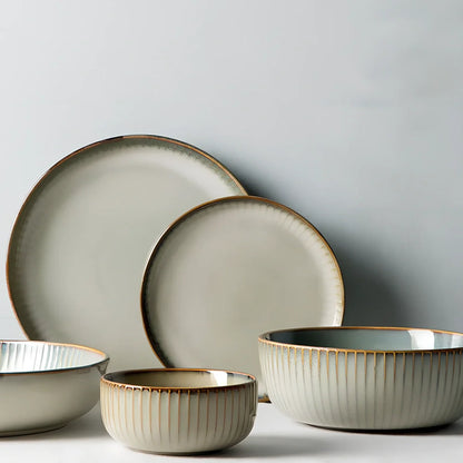 Nordic brown ceramic tableware set with four pieces including rice bowl, noodle bowl and two flat plates