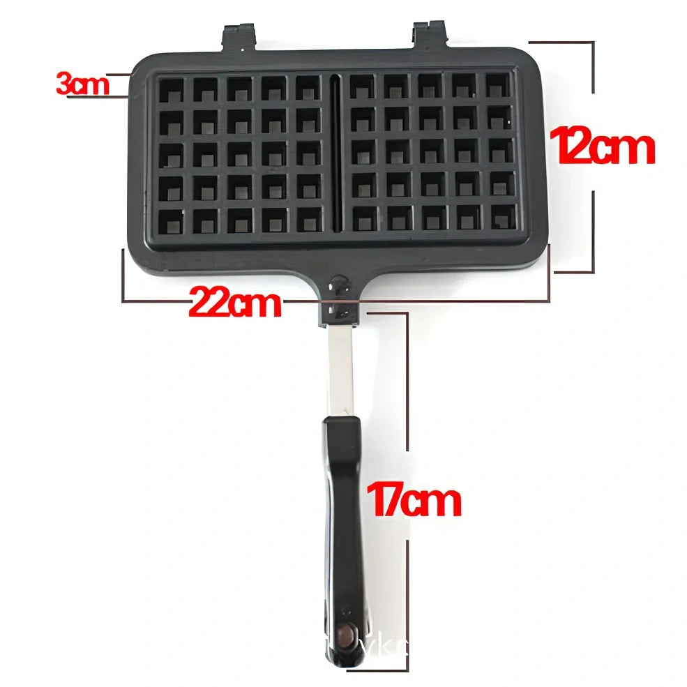 Black non-stick aluminium waffle mold 22x12x23cm with plaid pattern plates and locking handle for gas stove use