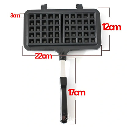 Black non-stick aluminium waffle mold 22x12x23cm with plaid pattern plates and locking handle for gas stove use