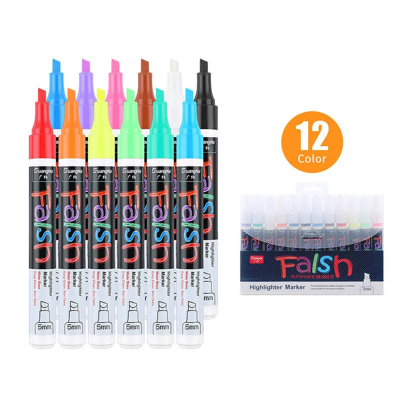 Electronic fluorescent plate highlighter with 6mm tip, plastic shell, and oblique shape for comfortable use.