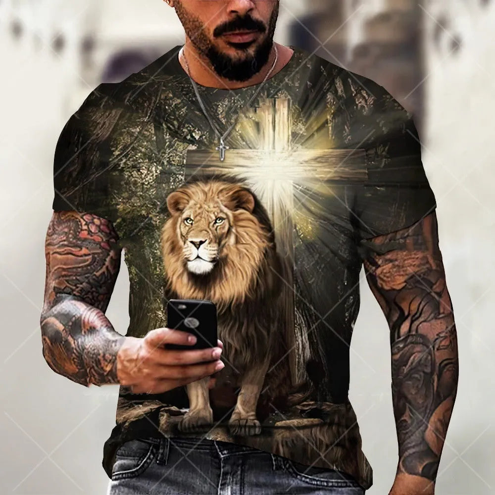 Man wearing a grey T-shirt with a raised 3D printed Jesus design on the chest.