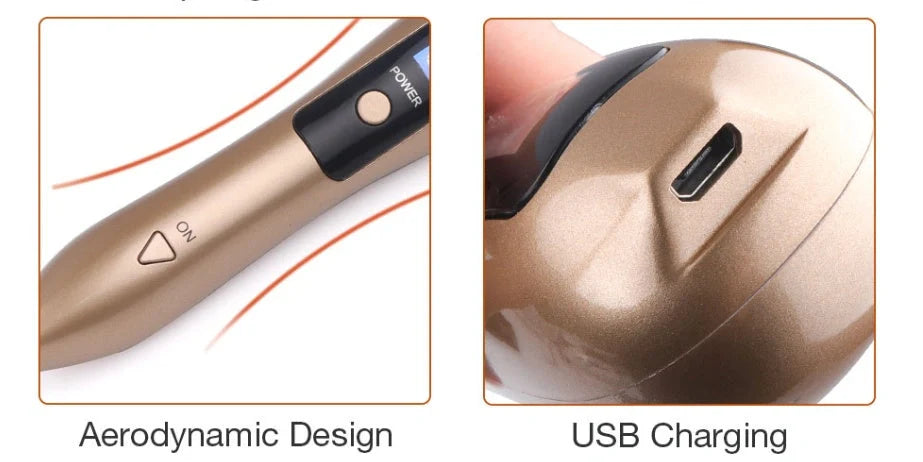 Laser beauty point pen with LCD display showing power level, stainless steel tip, and USB charging port