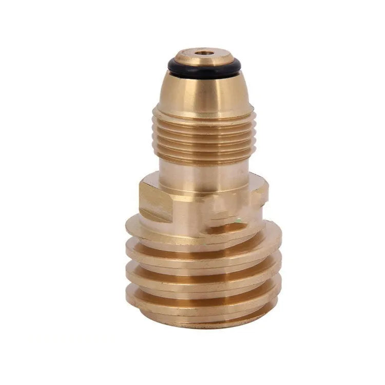 Taper external thread gas brazier copper adapter made from brass material with 7mm nominal diameter featuring internal thread connection for domestic gas charging applications in gold colour finish.