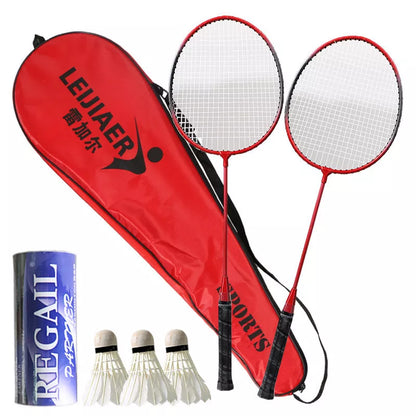 Beginner badminton racket set with iron frame and cover pocket in blue, pink, or red