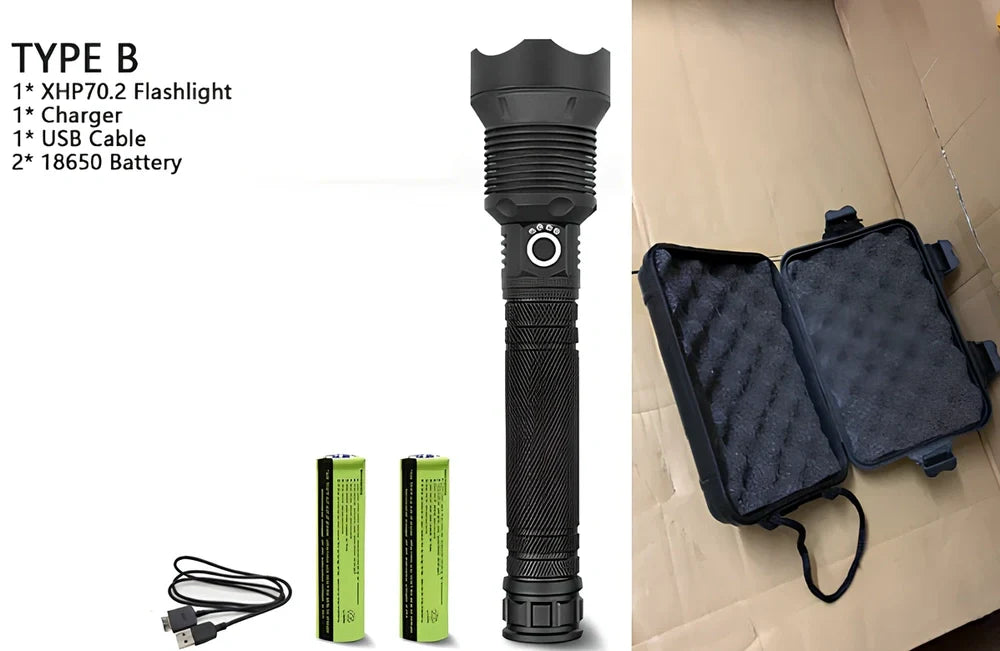 Black aviation aluminium LED torch with telescopic zoom lens showing extended and retracted positions