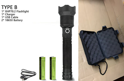 Black aviation aluminium LED torch with telescopic zoom lens showing extended and retracted positions