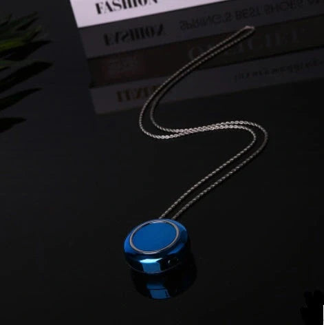 Portable negative ion air purifier necklace in blue, white, and silver