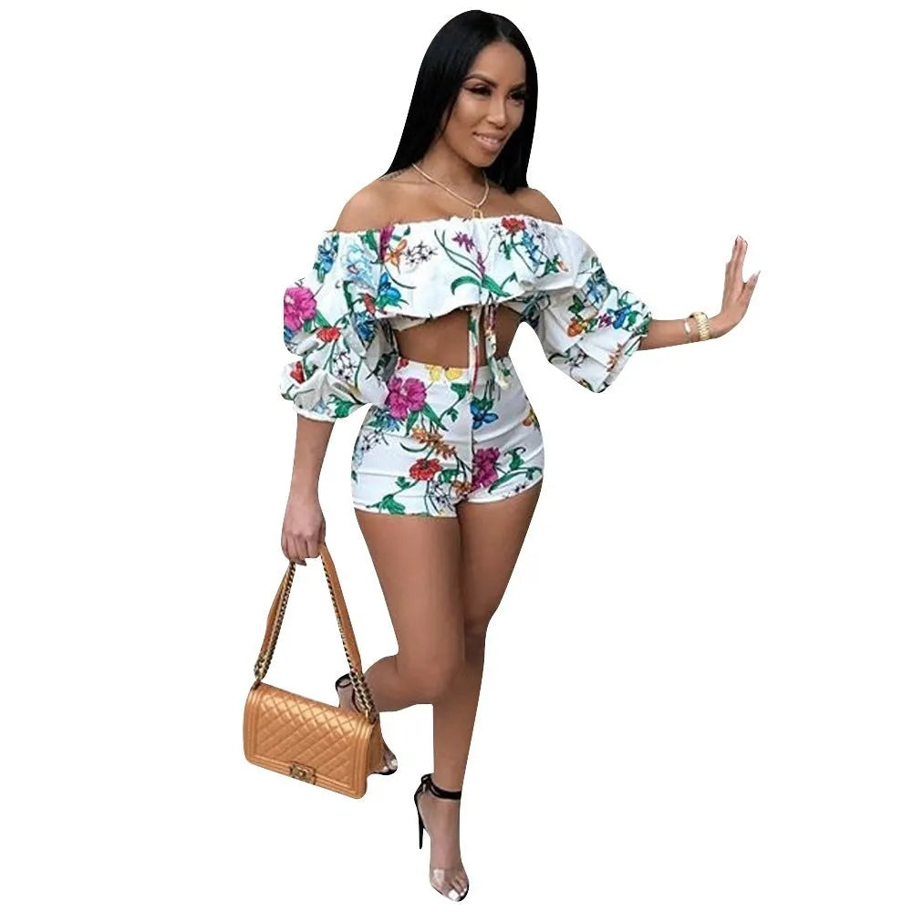 Women's multicolour digital print two-piece set with pile sleeves on short top and matching shorts