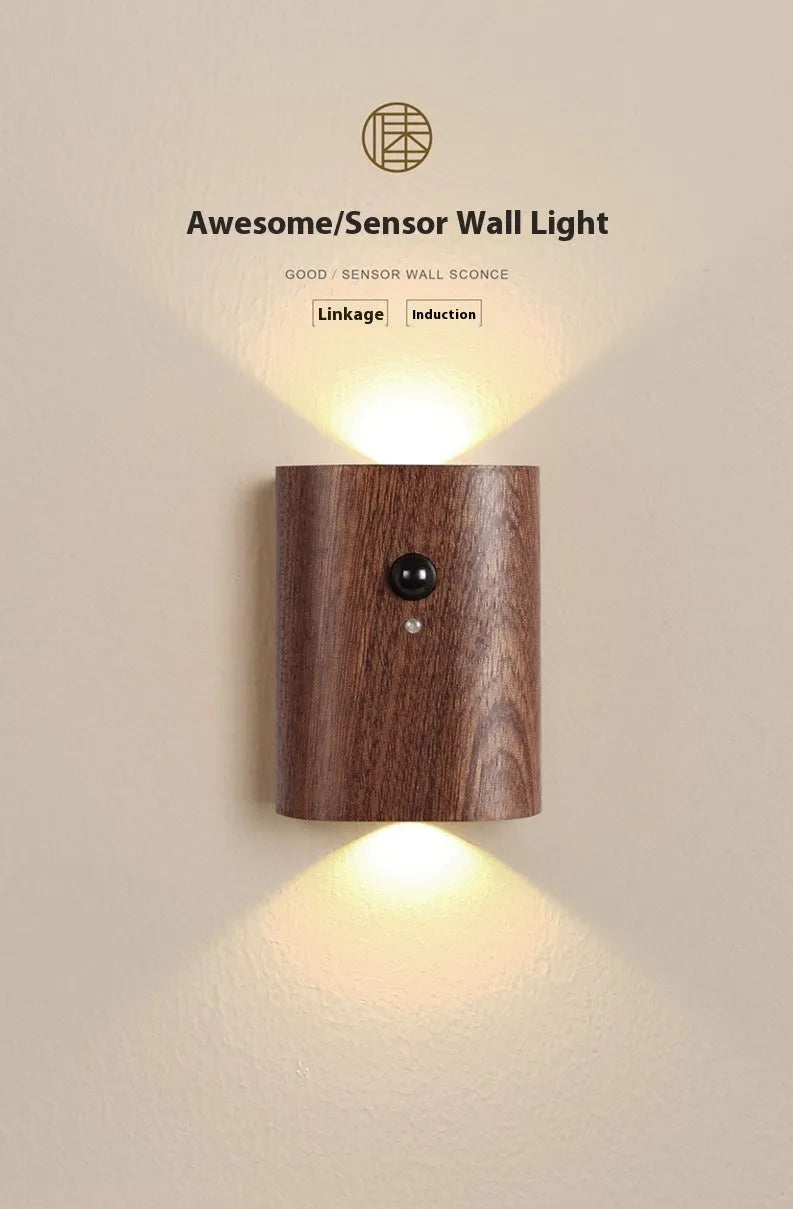 Solid wood pattern human body induction LED light, 73x56x28mm, in Sapele or Beech with warm white output