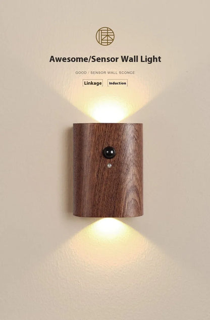 Solid wood pattern human body induction LED light, 73x56x28mm, in Sapele or Beech with warm white output