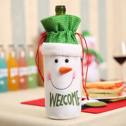 Festive Christmas wine bottle socks in vibrant colors, perfect for holiday decor