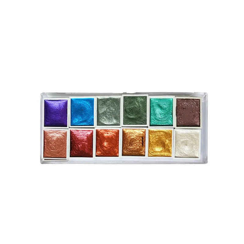 Boxed set of solid watercolour pigment blocks with pearlescent metallic finish in multiple colours