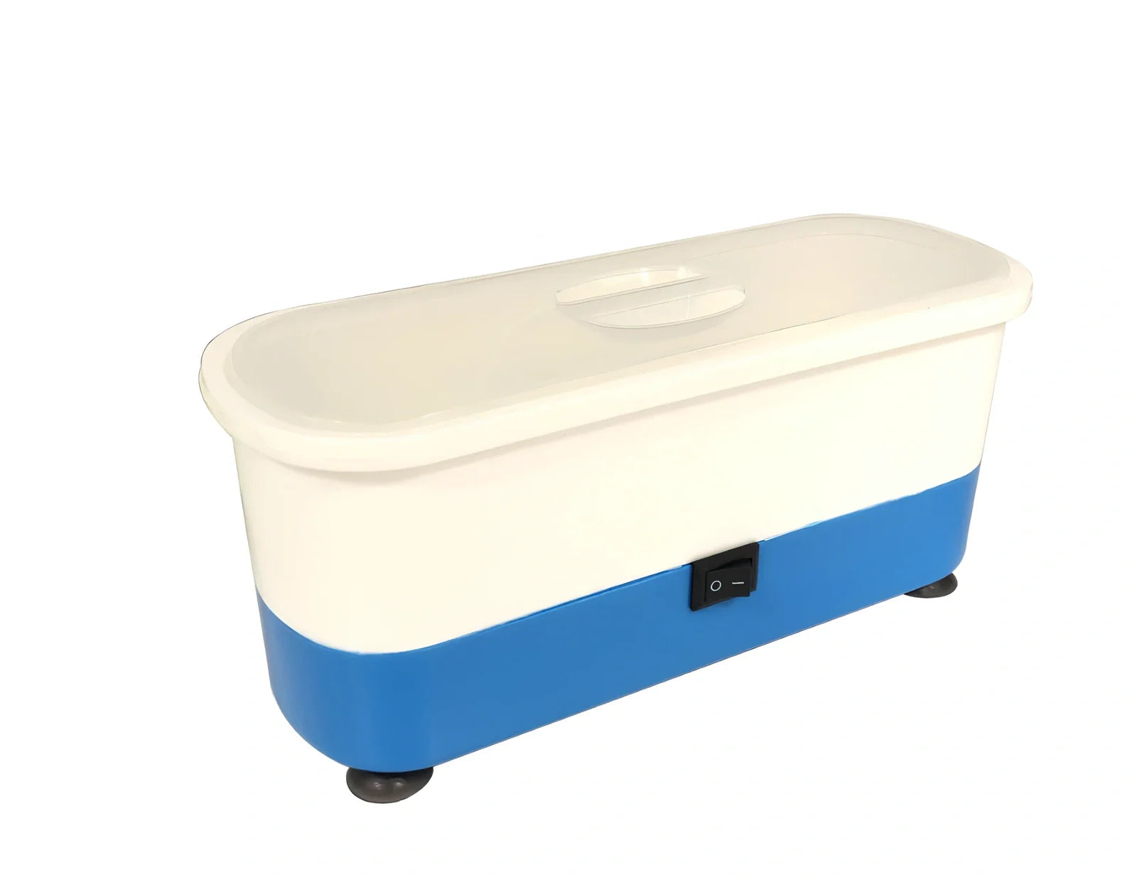 Blue analog ultrasonic cleaner measuring 17x6x8cm with contact lens box and battery compartment